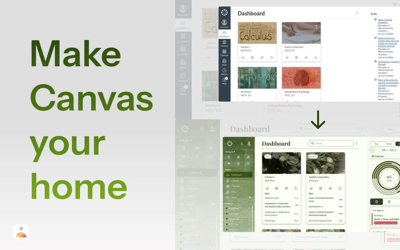 BetterCampus dashboard layered over Canvas with custom tasks and themes